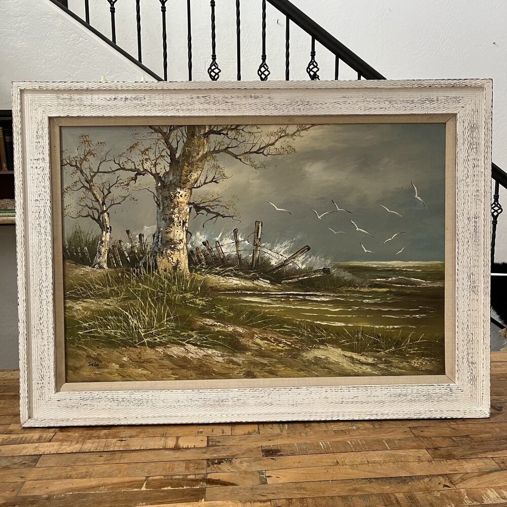 Vintage Coastal Seascape Oil Painting Trees & Gulls Framed & Signed 43x31" MCM